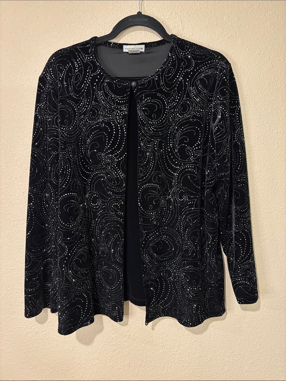 Notations Black Velvet Cardigan with Silver Dot Swirls
